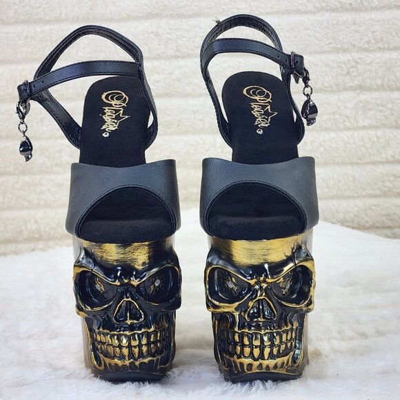 Gold / Brass Skull & Bones Red LED Platform 8" Heels Pole Shoes Vortex - Picture 7 of 14